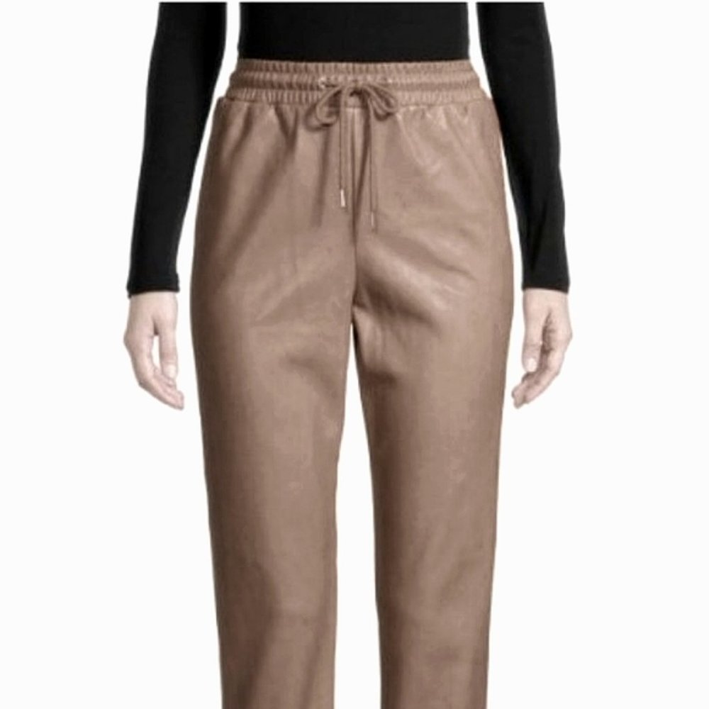 Calvin Klein Khaki Color Drawstring Faux Leather Women's  Fall Pants Bottoms